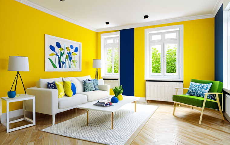 **Prompt for Color Psychology in Interiors**: 
   "A bright and spacious room featuring light colors like yellow and white, contrasted with deep blue and green accents. The atmosphere reflects tranquility and creativity, showcasing a harmonious blend of colors that evoke emotional responses."