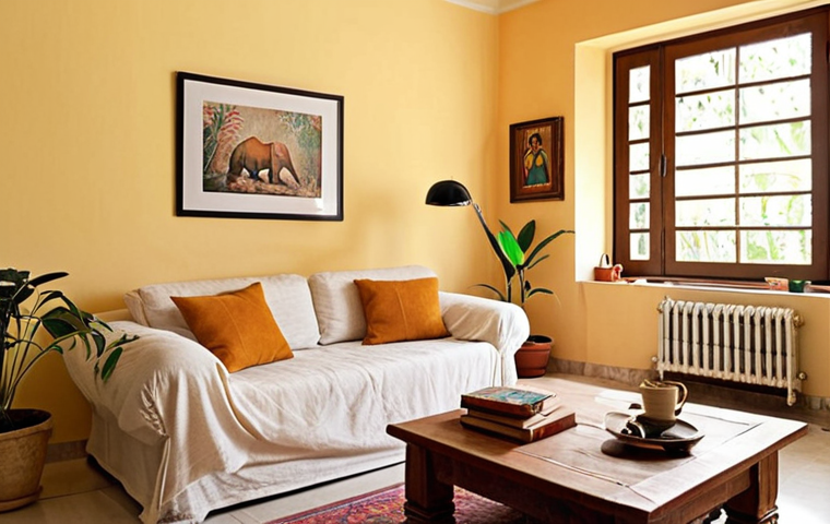 **

A cozy living room with light-colored walls, maximizing natural light.  Include a comfortable sofa, a small coffee table with Hindi books, and some plants to bring in natural elements.  The overall feeling should be airy and inviting, showcasing the use of light colors to make the space feel larger. Add some personal decorative items like photos or art that reflect Indian culture.

**