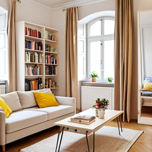 **Small Space Interior:** A brightly lit, small apartment interior. Light colored walls, large mirrors, and multifunctional furniture (like a sofa bed) maximize space. Vertical shelving displays books. Focus on creating an open and airy feel.