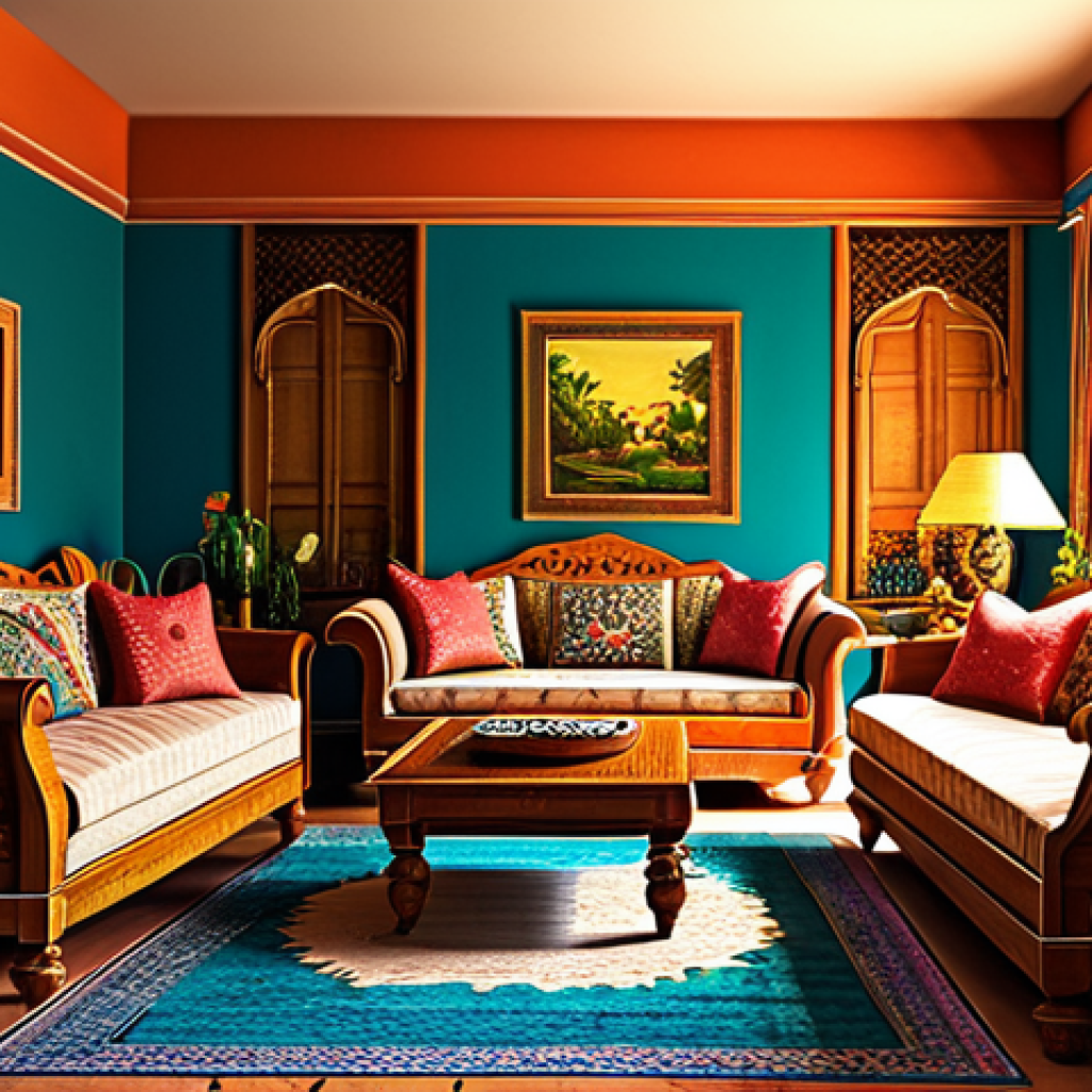 **

"A cozy living room with a traditional Indian touch, featuring vibrant colors, intricate patterns, and handcrafted furniture. The room is bathed in warm sunlight, highlighting the rich textures and details. Safe for work, appropriate content, fully clothed, modest, family-friendly, professional photography, perfect anatomy, natural proportions."

**