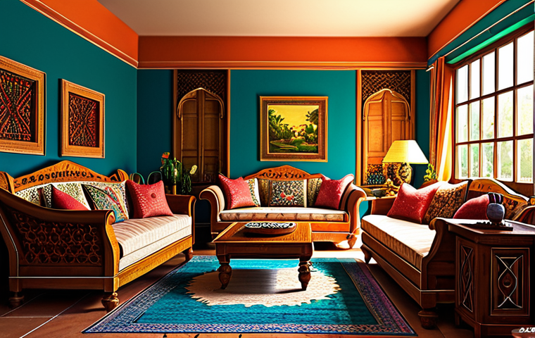 **
"A cozy living room with a traditional Indian touch, featuring vibrant colors, intricate patterns, and handcrafted furniture. The room is bathed in warm sunlight, highlighting the rich textures and details. Safe for work, appropriate content, fully clothed, modest, family-friendly, professional photography, perfect anatomy, natural proportions."
**