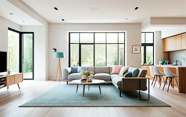** A bright and airy living room with modern furniture, pastel colors, and natural light. Fully clothed family enjoying the space. Safe for work, appropriate content, modest, family-friendly interior design. Perfect anatomy, correct proportions, natural pose, professional photography, high quality.
**