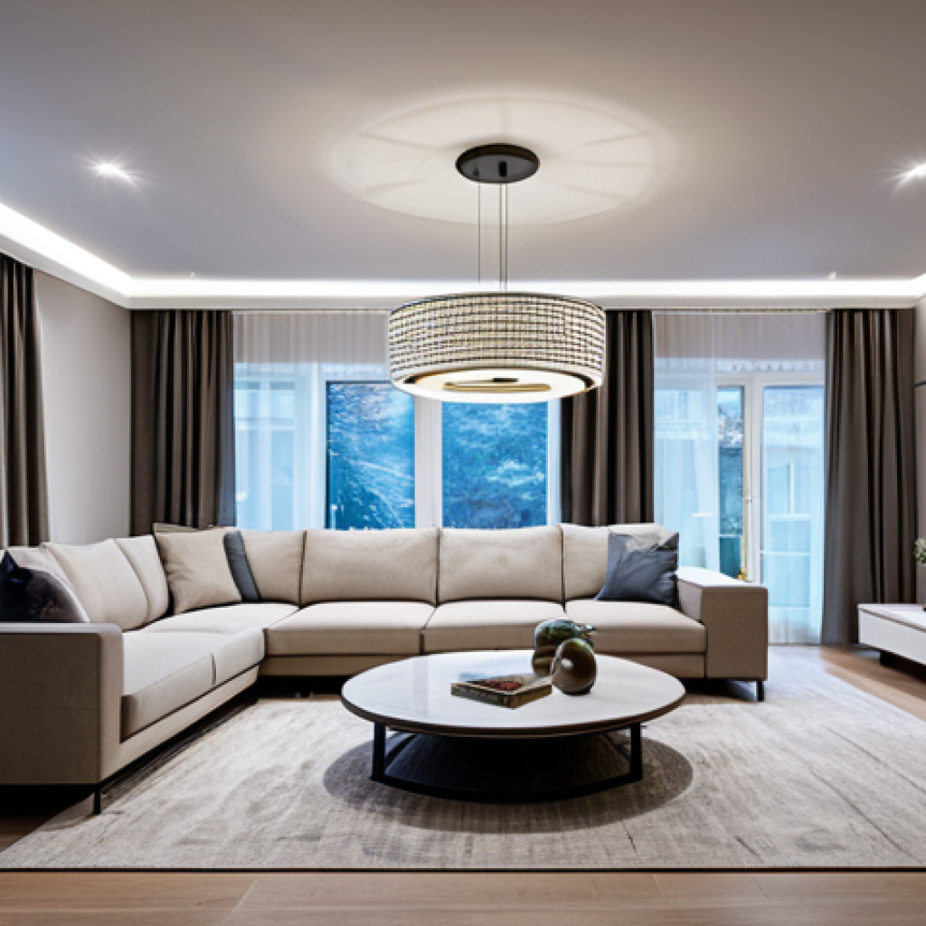 실내건축과 IoT 기술의 접목 - **

A modern, smart home living room interior, showcasing integrated smart lighting fixtures. The ro...