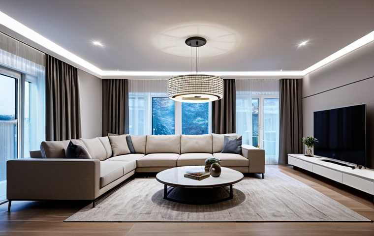 실내건축과 IoT 기술의 접목 - **

A modern, smart home living room interior, showcasing integrated smart lighting fixtures. The ro...
