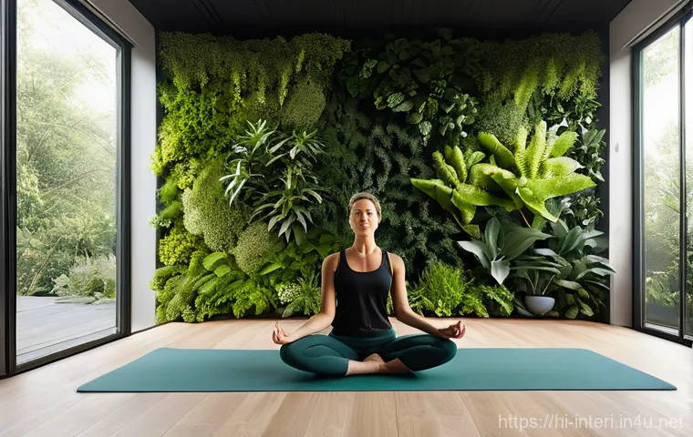 실내건축 프로젝트 사례 분석 - **Prompt:** A serene, modern living room featuring a magnificent, vibrant living wall stretching fro...