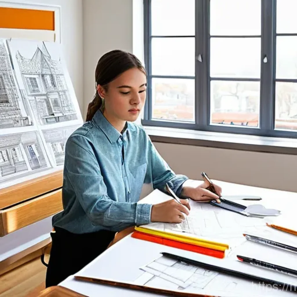 실내건축 실기 시험의 합격 비결들 - **Prompt 1: Focused Interior Design Student at Work**
A focused young female interior design stu...