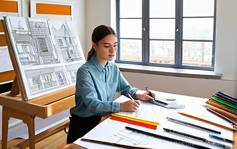실내건축 실기 시험의 합격 비결들 - **Prompt 1: Focused Interior Design Student at Work**
A focused young female interior design stu...