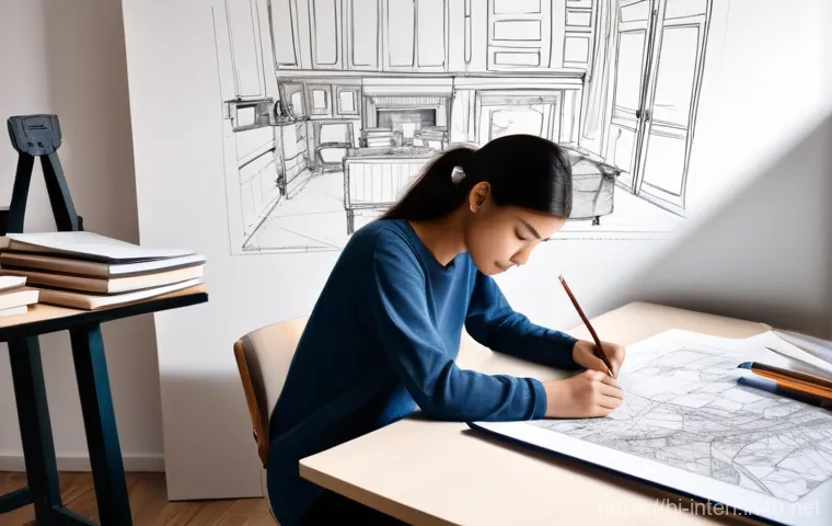 실내건축 실기 시험 준비를 위한 추천 자료 - **Prompt:** A young female interior design student, aged 20, is engrossed in her work at a well-lit,...