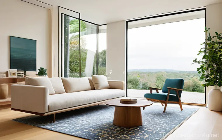 실내건축 이론과 실무의 조화 - **Prompt 1: A Harmonious Living Room with Natural Light**
"A bright and airy modern living room ...
