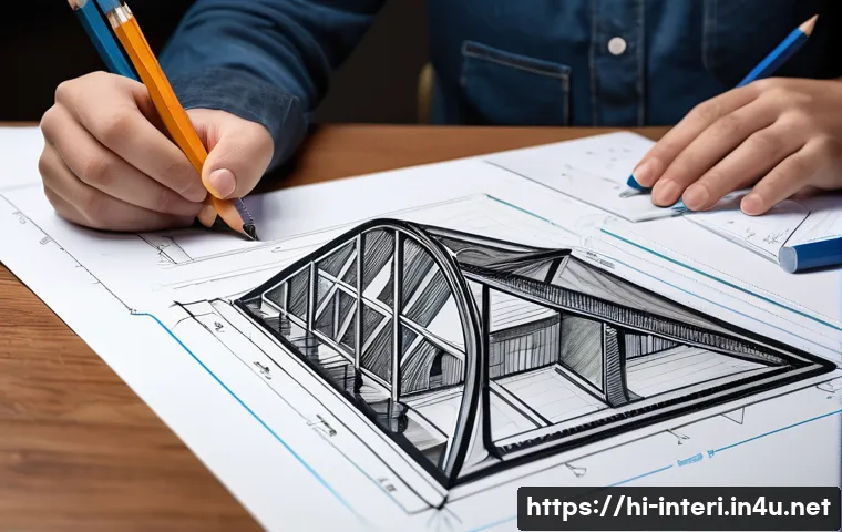 실내건축 실기 시험의 주요 포인트 - A detailed workspace scene showing a student practicing architectural design for a practical exam. T...