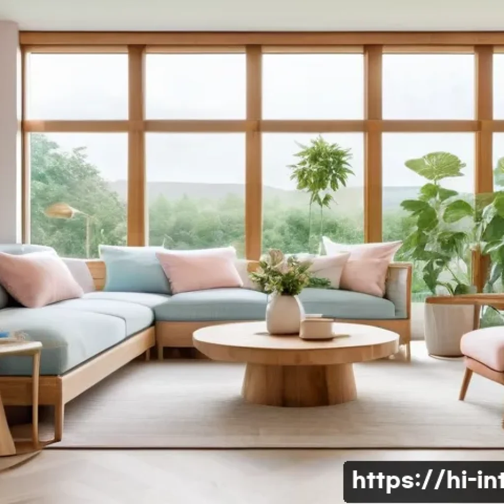 실내건축 디자인의 주요 원칙 - A serene living room interior featuring pastel color palette with light blues, soft pinks, and cream...