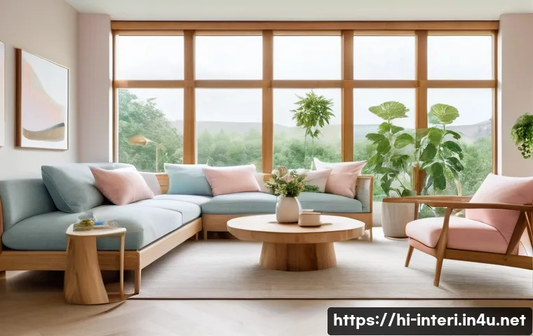 실내건축 디자인의 주요 원칙 - A serene living room interior featuring pastel color palette with light blues, soft pinks, and cream...