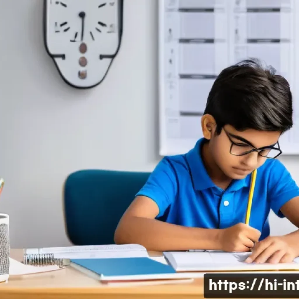 실내건축 실기 시험 준비 전략 - A focused Indian student sitting at a clean study desk in a well-lit room, using the time blocking t...