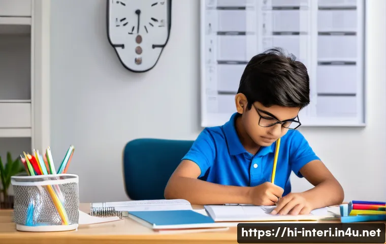 실내건축 실기 시험 준비 전략 - A focused Indian student sitting at a clean study desk in a well-lit room, using the time blocking t...