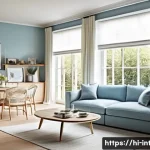 실내건축과 공간 활용 설계 - A bright and airy living room featuring large windows with sheer white curtains that diffuse abundan...