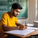 실내건축 시험 합격을 위한 마인드셋 - A focused Indian student studying in a quiet, well-lit room, sitting at a tidy desk with textbooks, ...