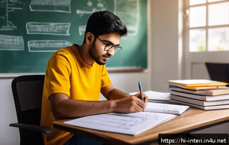 실내건축 시험 합격을 위한 마인드셋 - A focused Indian student studying in a quiet, well-lit room, sitting at a tidy desk with textbooks, ...