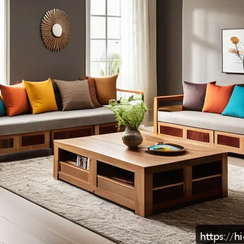 실내건축의 소재 선택과 응용 - A cozy living room interior showcasing a balanced blend of natural and synthetic materials: warm woo...