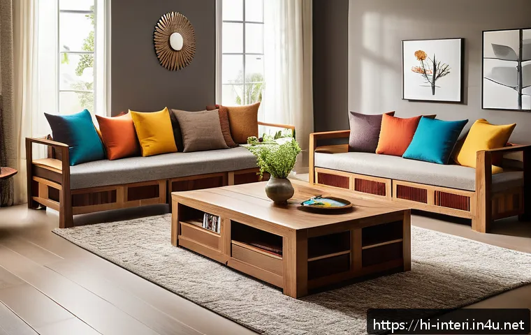 실내건축의 소재 선택과 응용 - A cozy living room interior showcasing a balanced blend of natural and synthetic materials: warm woo...