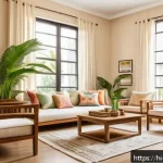 실내건축 초보자를 위한 실습 팁 - A cozy living room interior inspired by Indian home decor, featuring light pastel-colored walls in b...