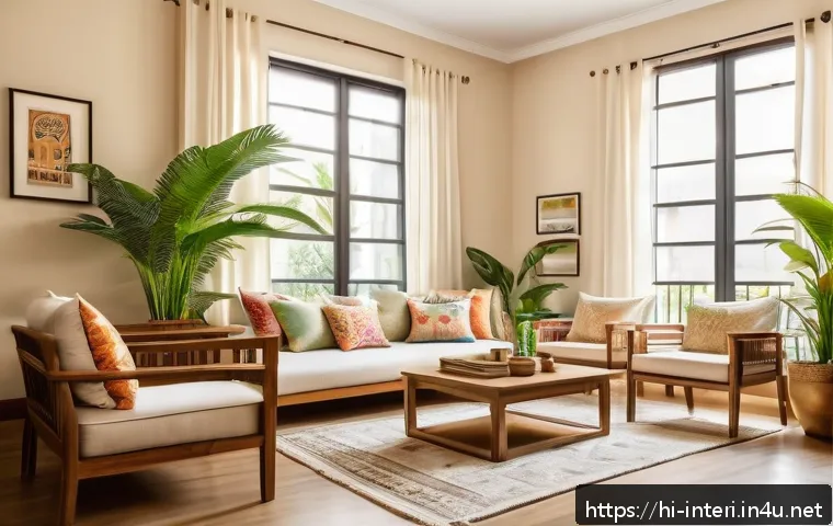 실내건축 초보자를 위한 실습 팁 - A cozy living room interior inspired by Indian home decor, featuring light pastel-colored walls in b...