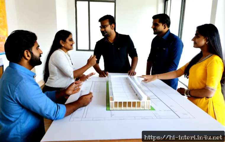 Home 30 실내건축에서 협업을 위한 소통 방법 - Photorealistic interior architecture team collaboration in a modern Indian design studio, diverse In...