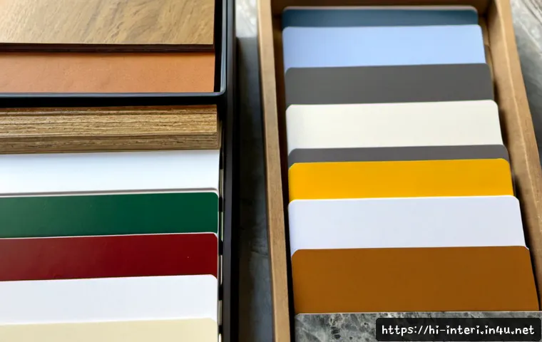 Home 17 실내건축 실무에서 사용하는 재료 소개 - Photorealistic interior construction materials flat lay in a clean professional design studio, neatl...