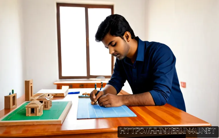 Home 17 실내건축의 기초 설계 기법 - Photorealistic interior architecture design studio, a young Indian architect carefully arranging a p...