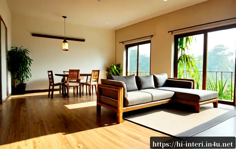 실내건축에서 친환경 설계의 필요성 - Photorealistic eco-friendly modern apartment interior in India, spacious living room with bamboo fur...